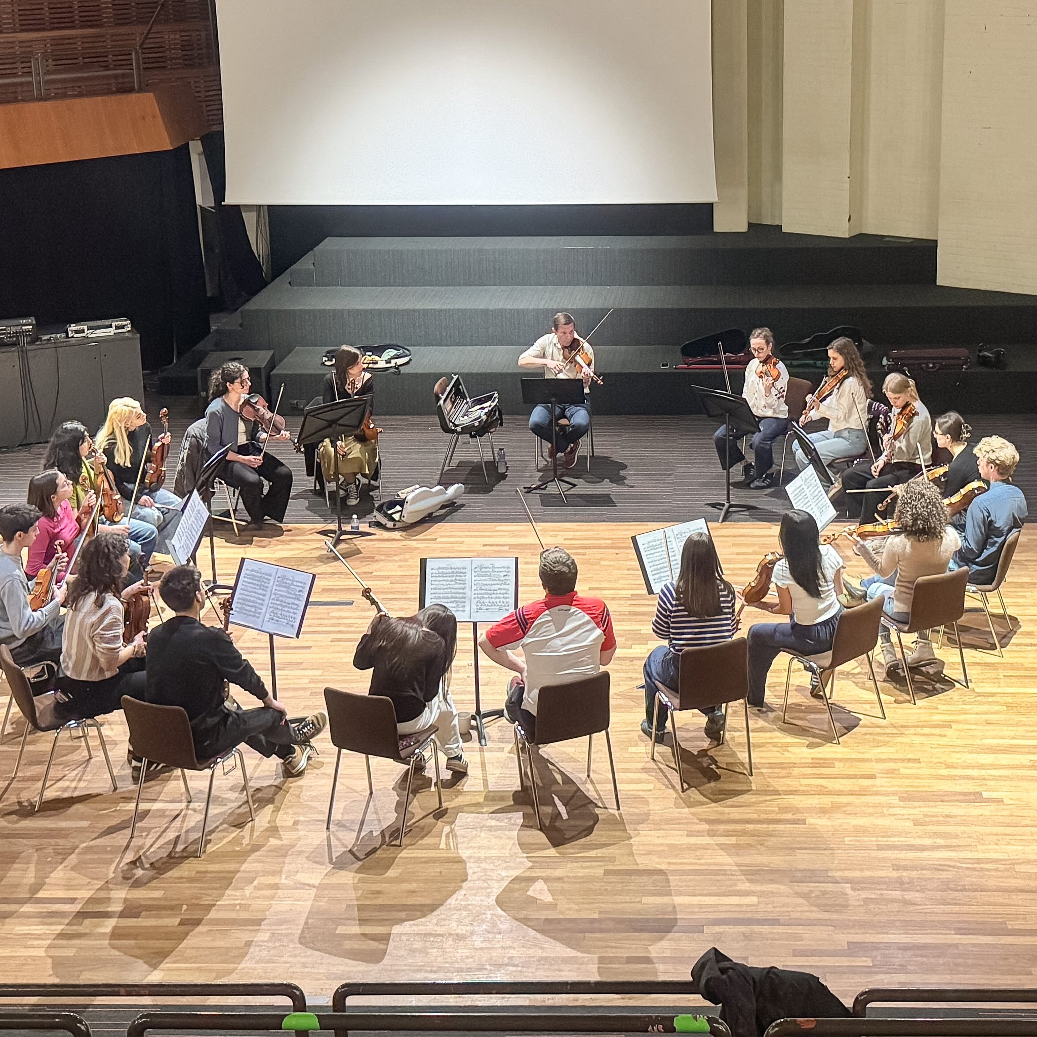 A group of musicians, mostly women, are playing string instruments such as violins and violas on a stage in a concert hall.