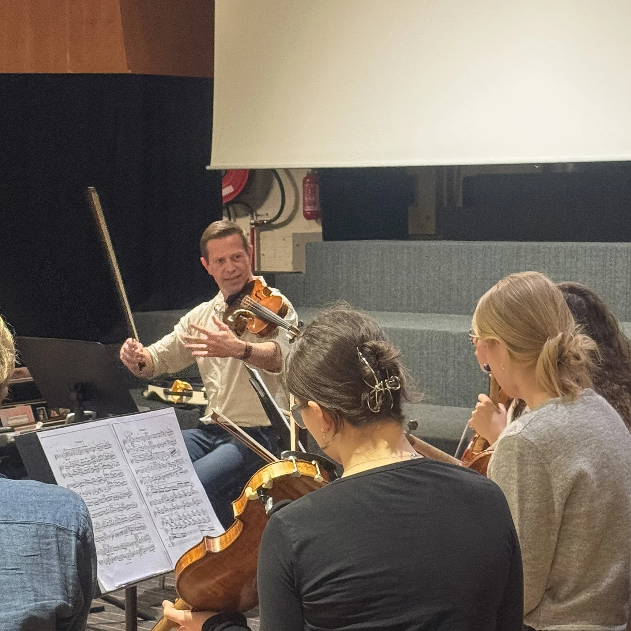 A group of musicians playing string instruments during a performance in an indoor setting, with sheet music on stands in front of them.