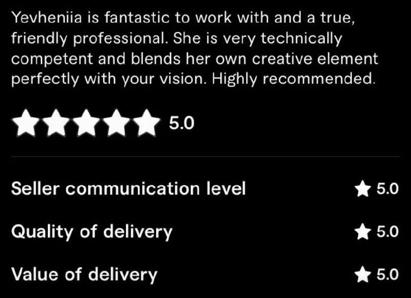 Five-star review praising Yevheniia’s technical expertise, creativity, communication, delivery quality, and value, all rated 5.0.