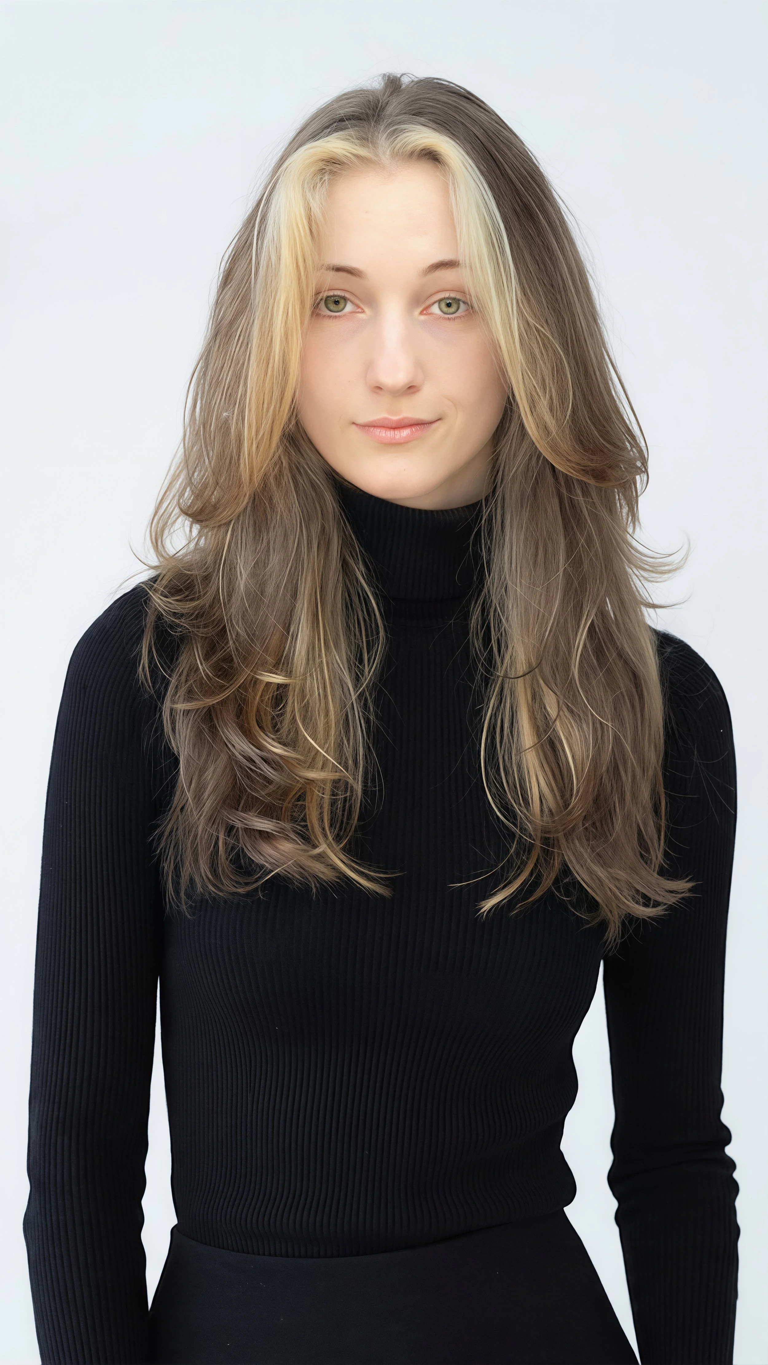 Young woman with long wavy brown hair with blonde highlights, wearing a black turtleneck sweater, against a plain white background.