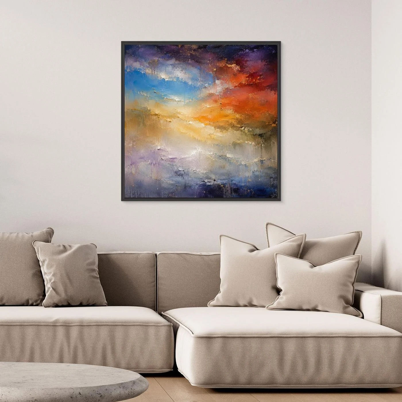 Ashta Pehar - The Rhythm of Time framed canvas print displayed above a beige sofa in a modern living room