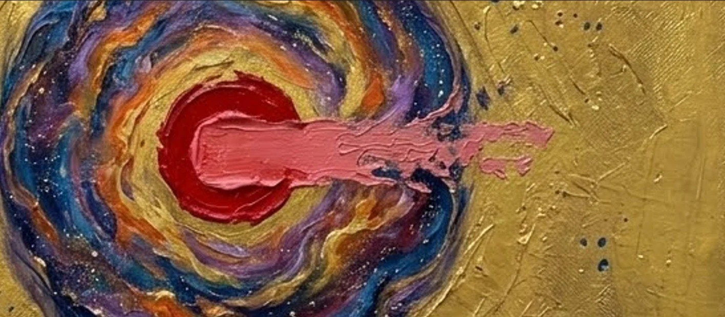 Abstract painting of a swirling galaxy with a large red and pink comet shooting from the center toward the right side, set against a textured gold background.