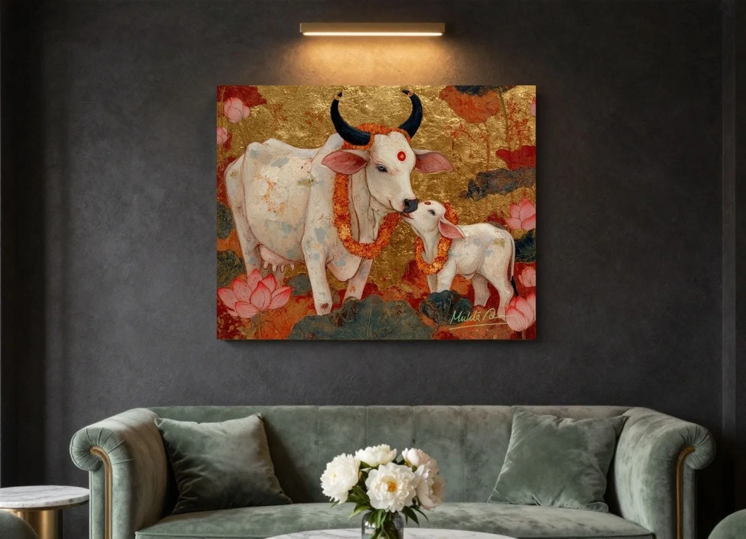 Painting of two white cows with orange floral necklaces, set against a gold and pink background with lotus flowers, framed on a gray wall above a green velvet sofa with gray pillows, in a living room.