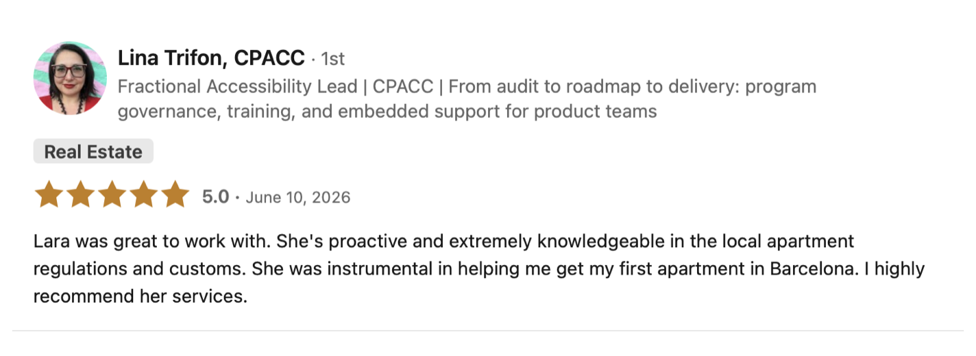 Review card by Lina Trifon for Lara Birg, buyer's agent in Barcelona with a five-star rating, dated June 10, 2026, praising her knowledge and assistance with apartment regulations and customs in Barcelona, Spain.