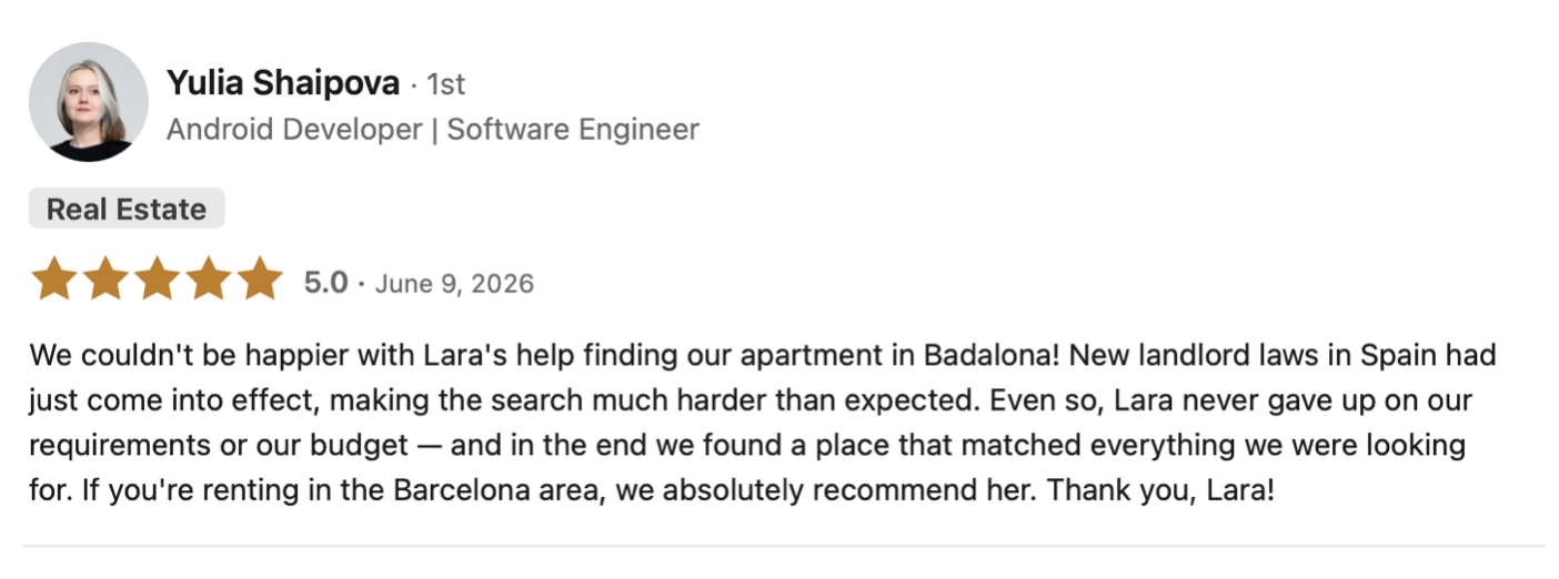 Review by Yulia Shaipova, for Lara Birg, buyer's agent in Barcelona showing a 5-star rating, dated June 9, 2026, praising her help in finding an apartment in Barcelona.