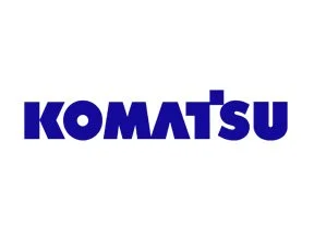 Komatsu logo in blue letters on a white background.