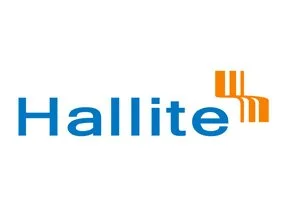 Hallite logo with blue text and orange geometric design.