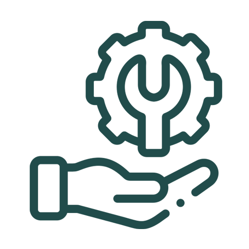 Icon of a hand holding a gear with a wrench inside it, symbolizing maintenance or technical support.