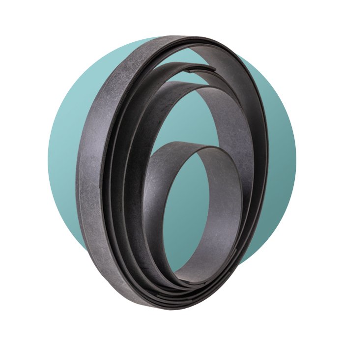 Black rubber belt with multiple loops, isolated on a white background with a teal circle behind.