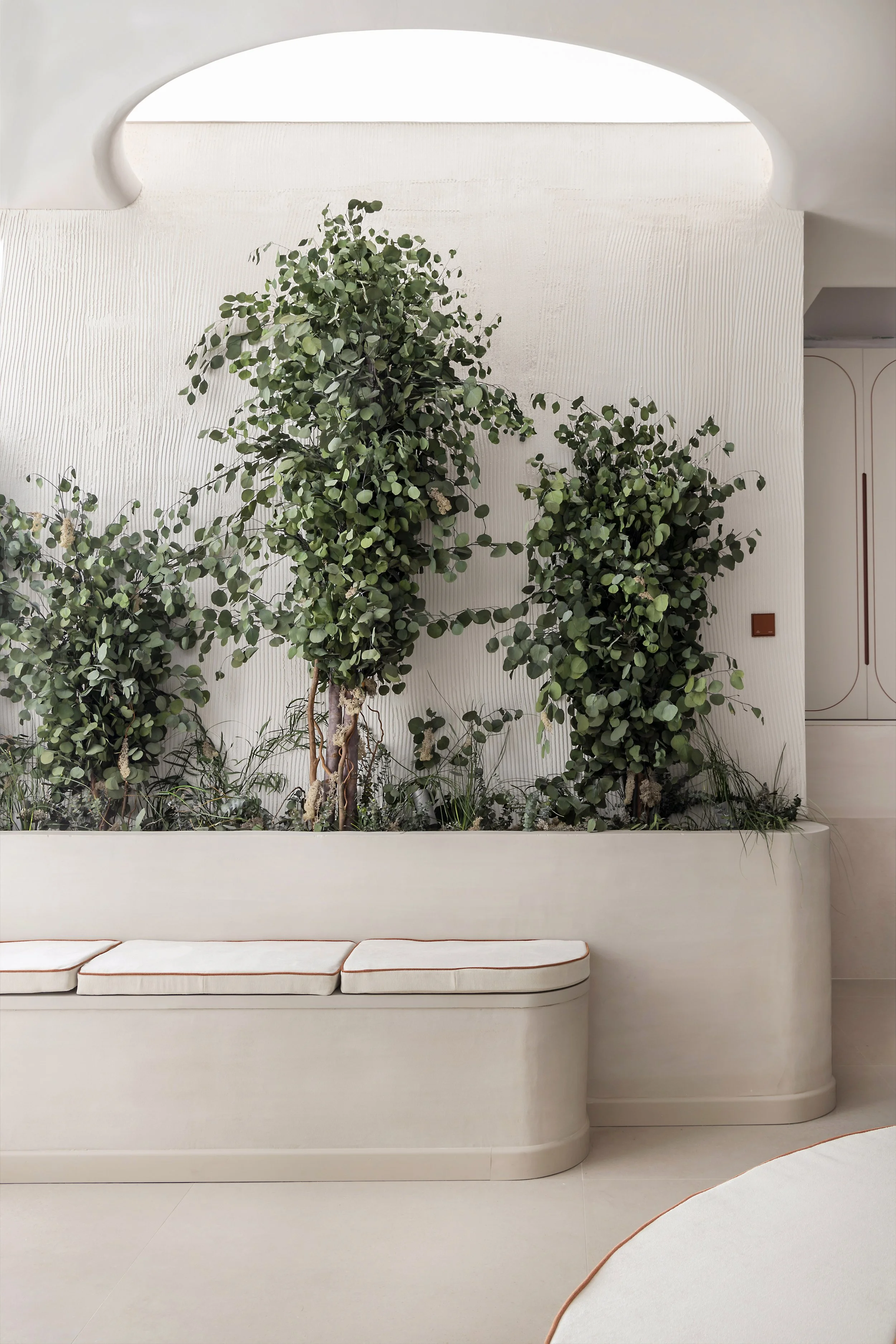 Imagen del nuevo showroom oficina de Jung diseñado por WANNA en Madrid. En la imagen podemos ver un pozo de luz debajo el cual aparece vegetación un un banco. Se trata de un espacio interior. L imagen tiene unos tonos beige y verdes. Transmite paz, t