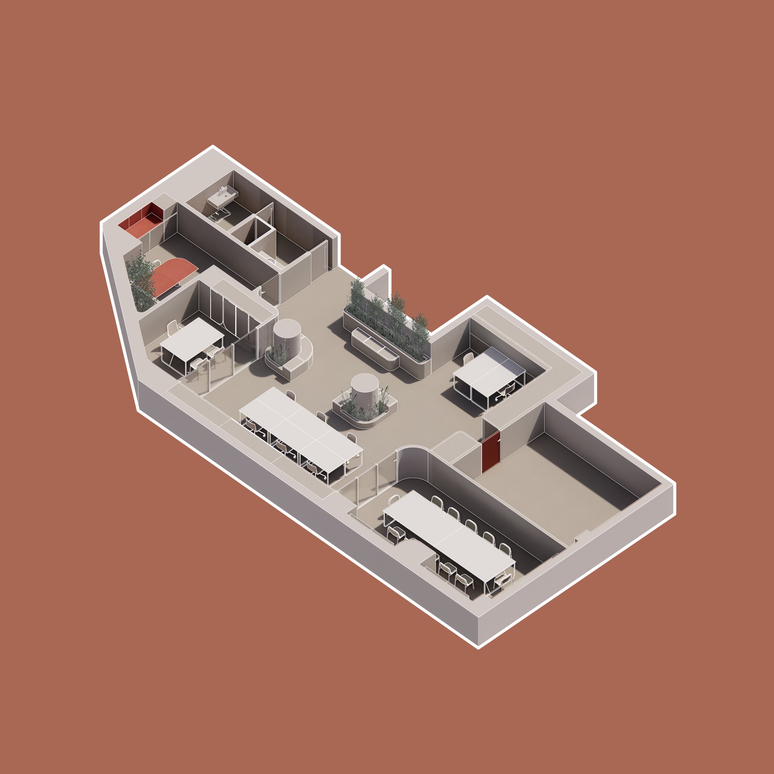 Perspectiva isométrica del plano de interiorismo y zonificación del nuevo showroom oficinas de Jung España en Madrid diseñado por WANNA. Esta imagen tiene un fondo color terracota y presenta el plano con las Paredes recortadas al 50%, pudiendo así vi