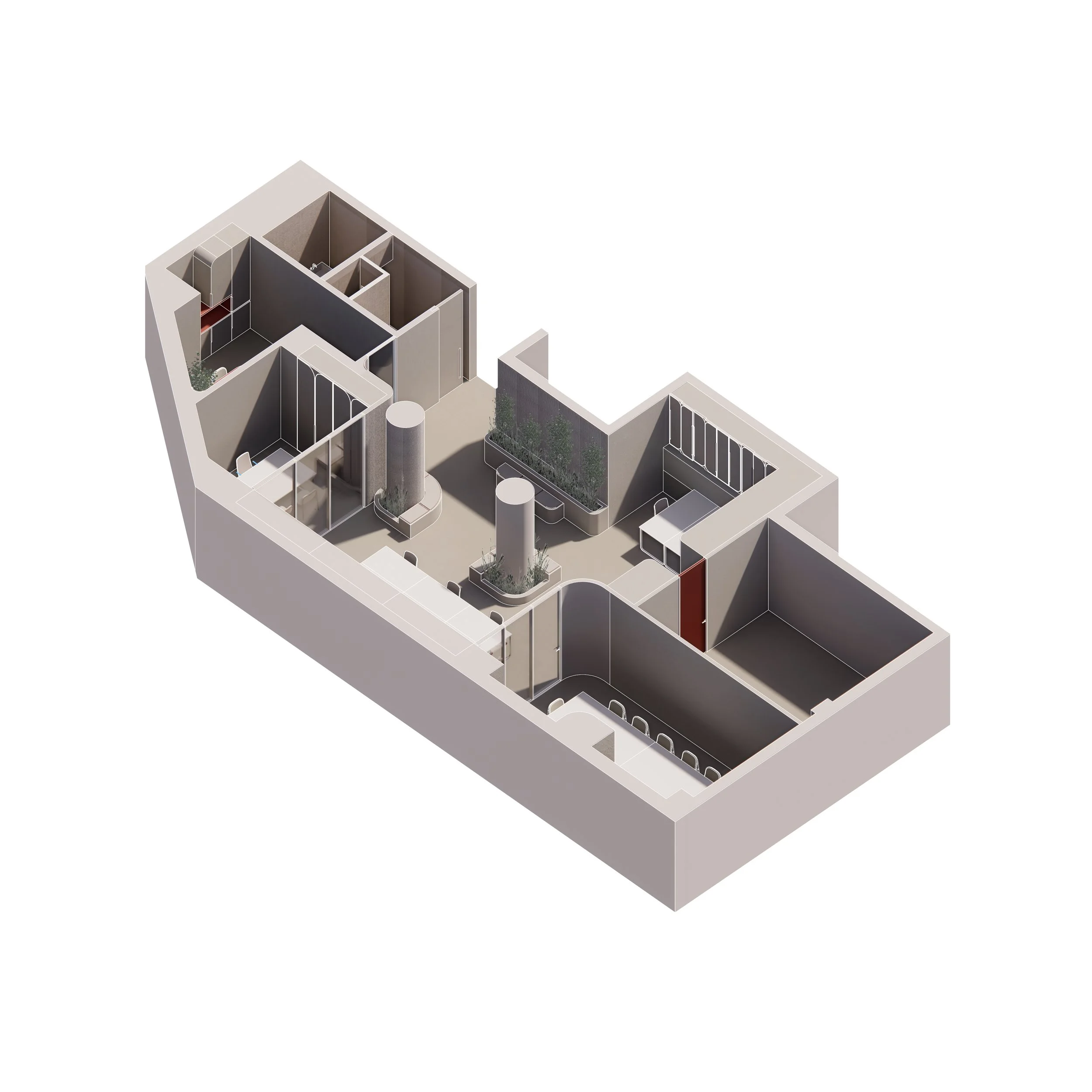 Perspectiva isométrica del plano de interiorismo y zonificación del nuevo showroom oficinas de Jung España en Madrid diseñado por WANNA. Esta imagen tiene un fondo color blanco y presenta el plano con las Paredes al 100%, pudiendo así visualizar el e