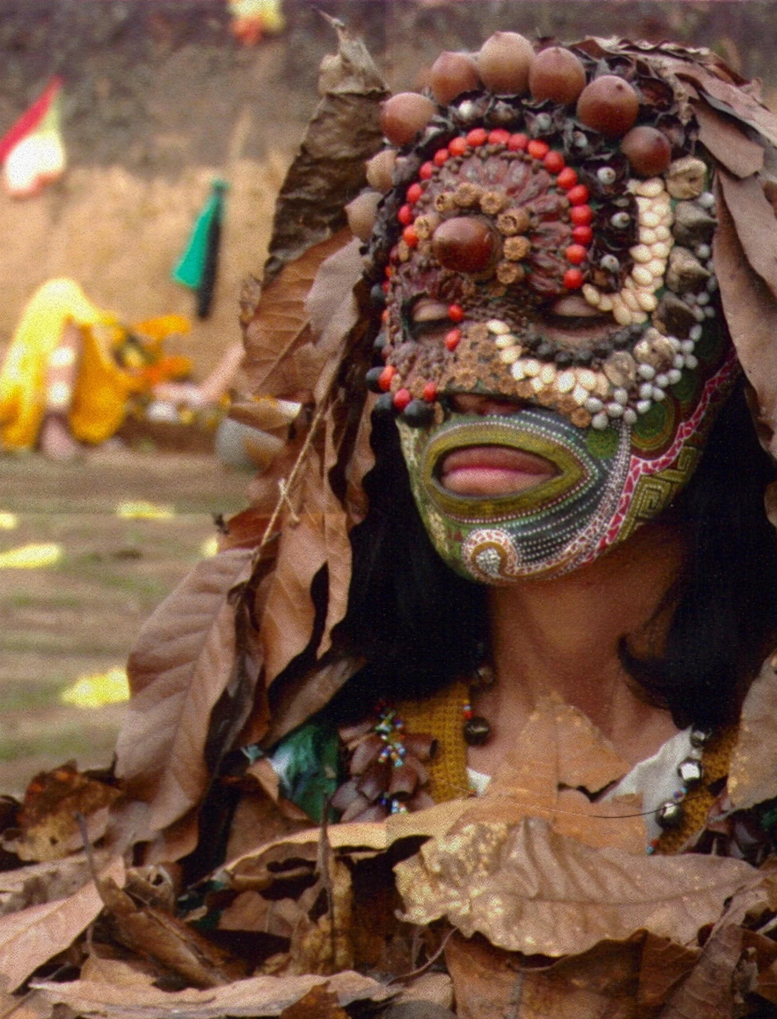 Close-up of a traditional tribal mask decorated with beads, shells, and dried leaves, set against a background of dry leaves and natural surroundings.