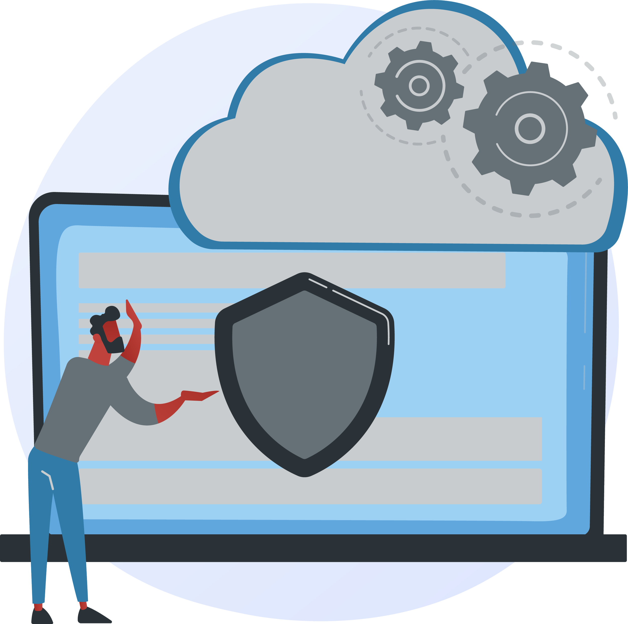 Illustration representing cybersecurity and data protection, showing a large shield and padlock in front of a laptop and cloud with security gears.