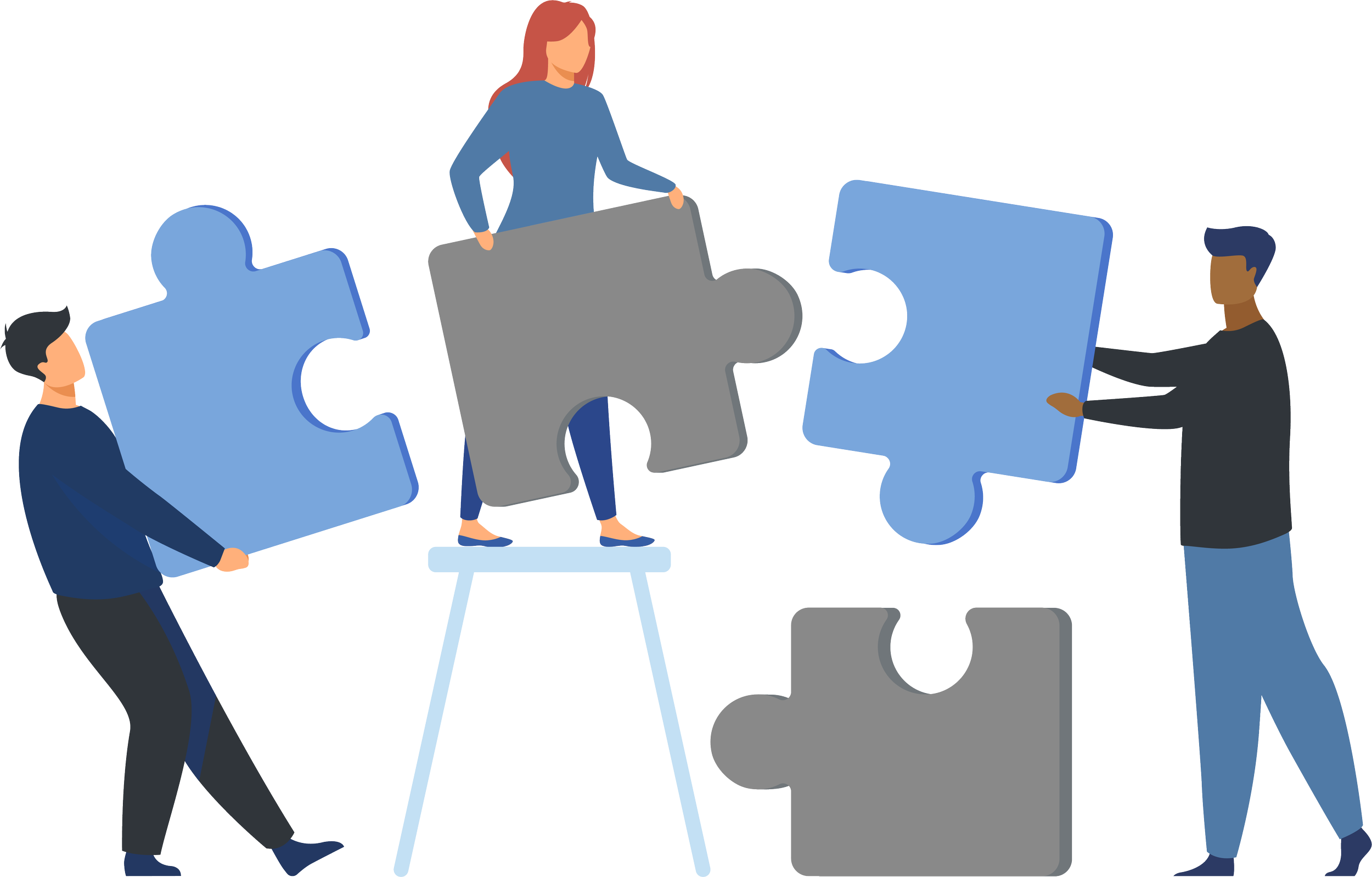 Illustration of three people assembling oversized puzzle pieces, representing teamwork, collaboration and working together to solve a problem.