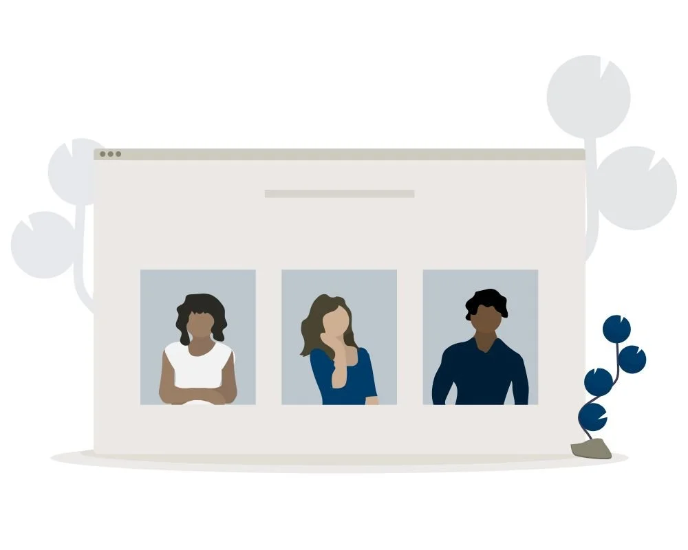 Illustration of three diverse women in separate windows of a web page interface, with a plant on the right side and a light-colored background.