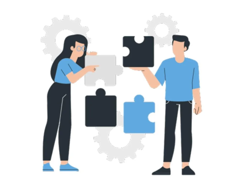 Illustration of a woman and man assembling puzzle pieces with gear icons in the background, representing teamwork or problem-solving.