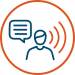Icon of a person with a headset speaking, with sound waves indicating communication or customer support.