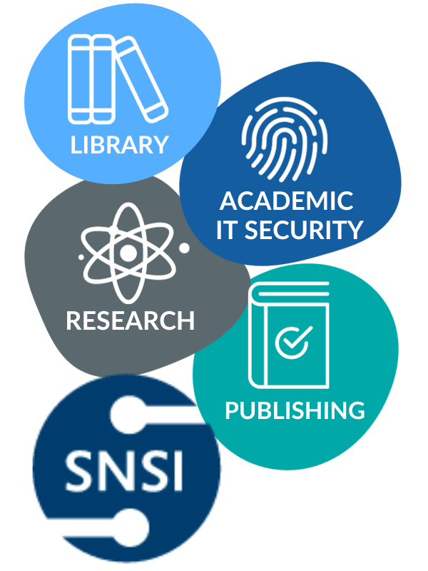 Diagram showing four connected areas—Library, Academic IT Security, Research and Publishing—leading to the SNSI logo, illustrating collaboration across the scholarly communications community.