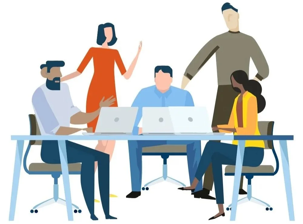 Illustration of a diverse team collaborating around a table with laptops, representing teamwork, discussion and workplace collaboration.