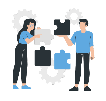 Illustration of two people assembling interlocking puzzle pieces surrounded by gears, symbolising teamwork, collaboration and problem-solving.