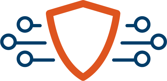 Shield icon with connected circles representing cybersecurity or data protection.