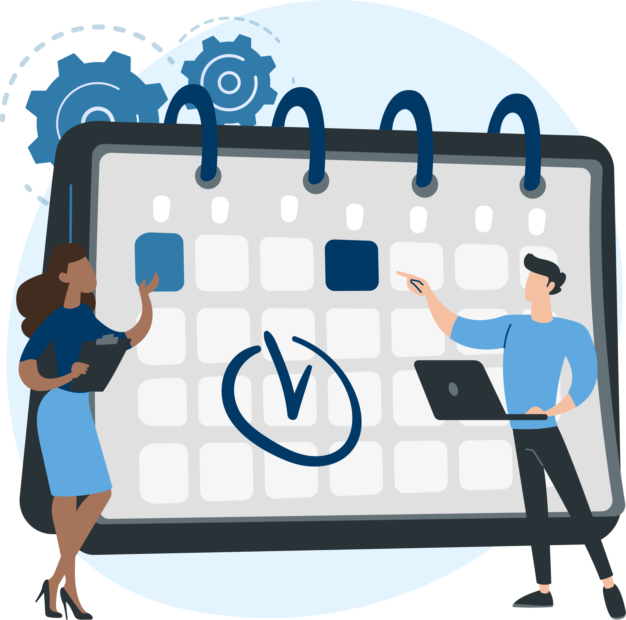 Illustration of two people planning a schedule using a large calendar, with selected dates, a check mark and gears representing organisation and coordination.