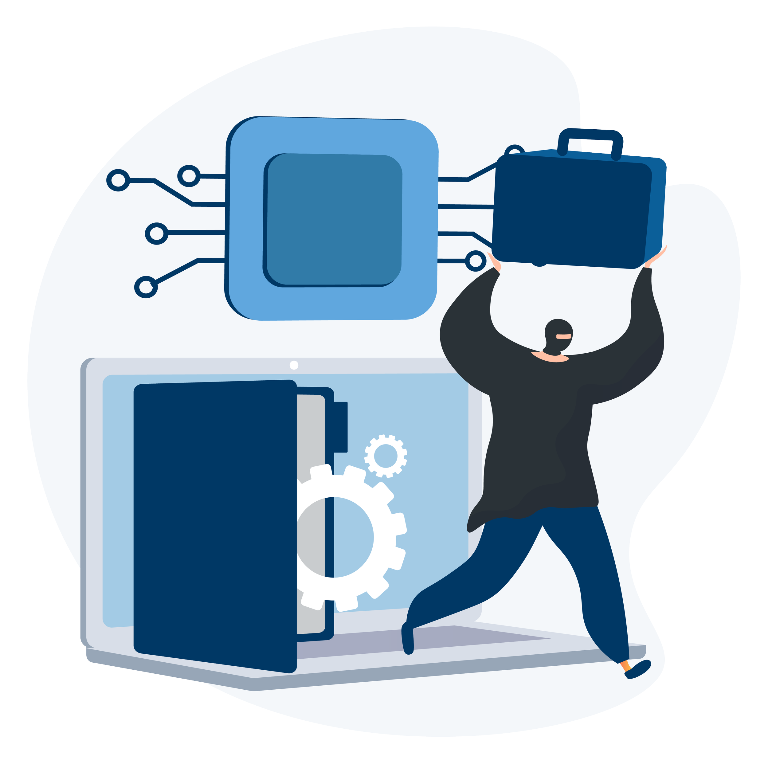 Illustration representing cybercrime and data theft, showing a masked hacker carrying a briefcase beside digital files on a laptop.
