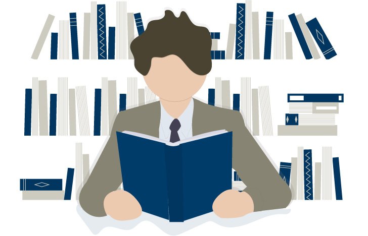 Animated person reading a book in a library with bookshelves in the background.