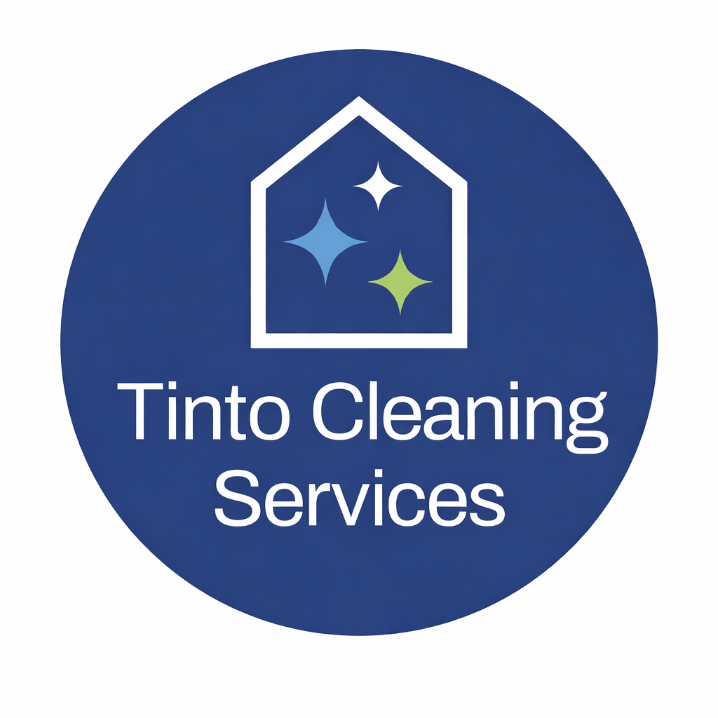 Logo for Tinto Cleaning Services featuring a house outline with colorful sparkles inside, on a blue circular background, with the company name beneath.