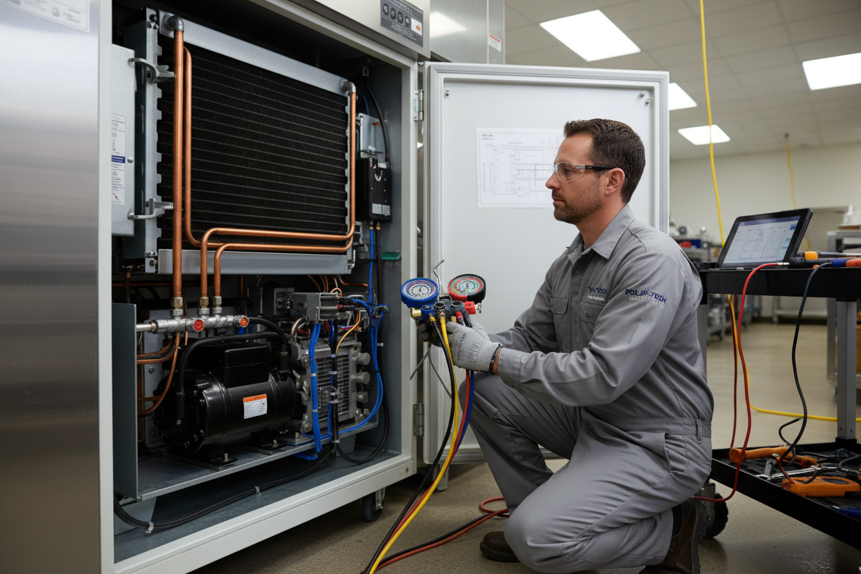 A technician wearing safety glasses and gloves inspects HVAC or refrigeration equipment inside a large metal cabinet using a multimeter.