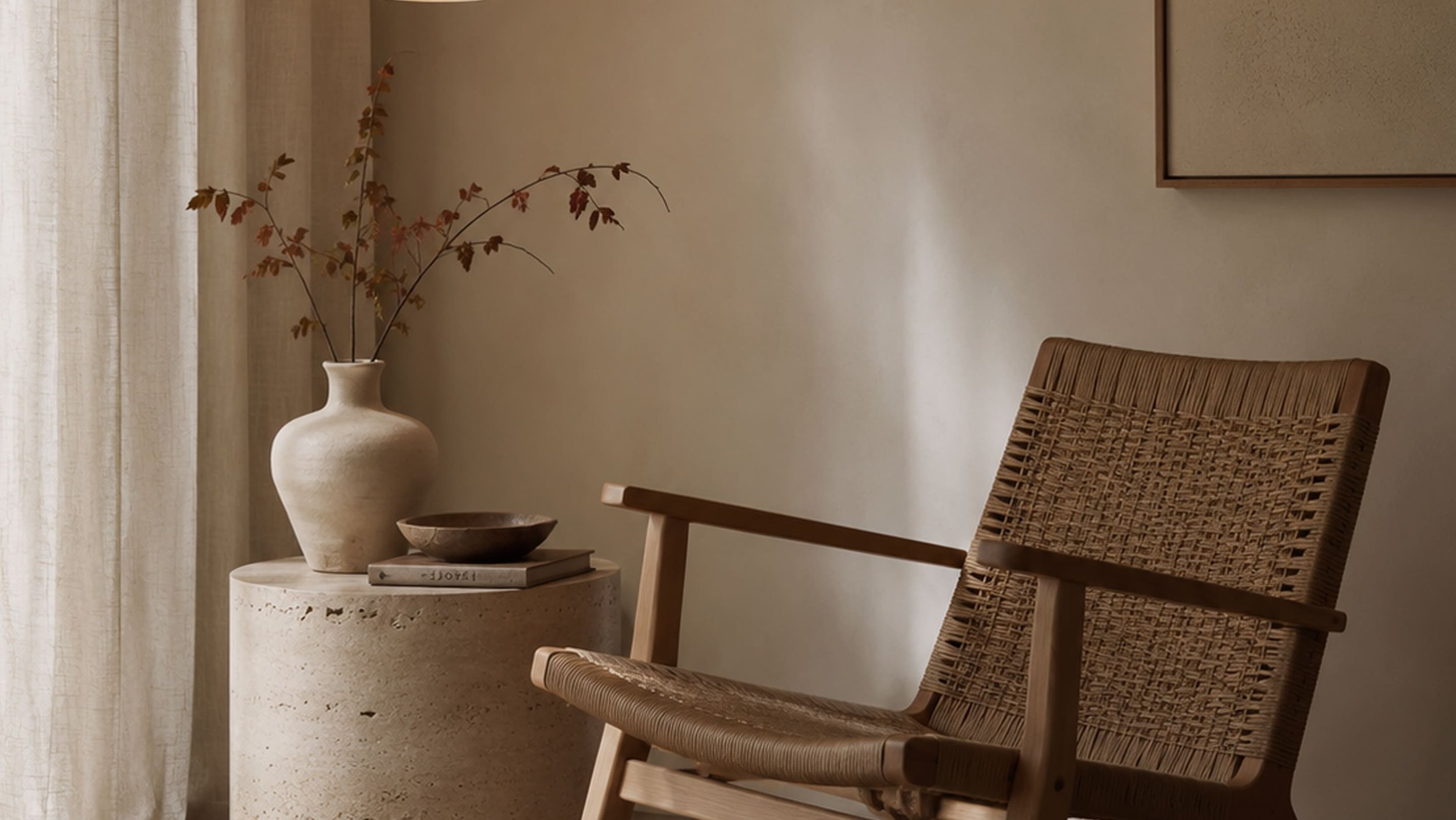 Ein Raum mit einem Stuhl aus Holz und geflochtenem Sitz, einer weißen Vase mit trockenen Zweigen auf einem runden weißen Tisch, und einem Wandbild an der Wand.