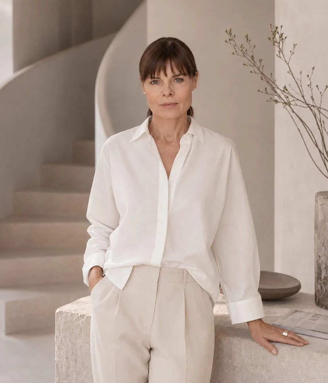 Eine Frau in weißen Kleidung steht vor einer modernen, minimalistischen Hintergrund mit einer Treppe und einer Vase mit getrockneten Zweigen.