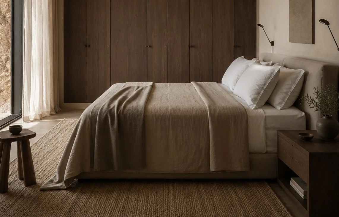 Schlafzimmer mit Holzvertäfelung, Bett mit weißen Kissen und beige Bettdecke, Nachttisch mit Vase und Büchern, Balkon mit Vorhängen, Wandlampen
