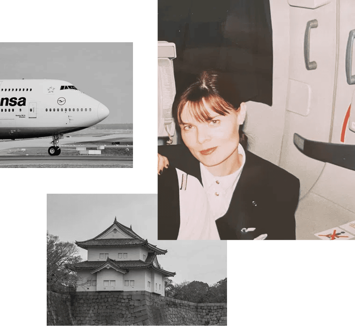 Martina Velmeden als ehemalige Flugbegleiterin bei Lufthansa in einem Jumbo auf dem Weg nach Tokyo