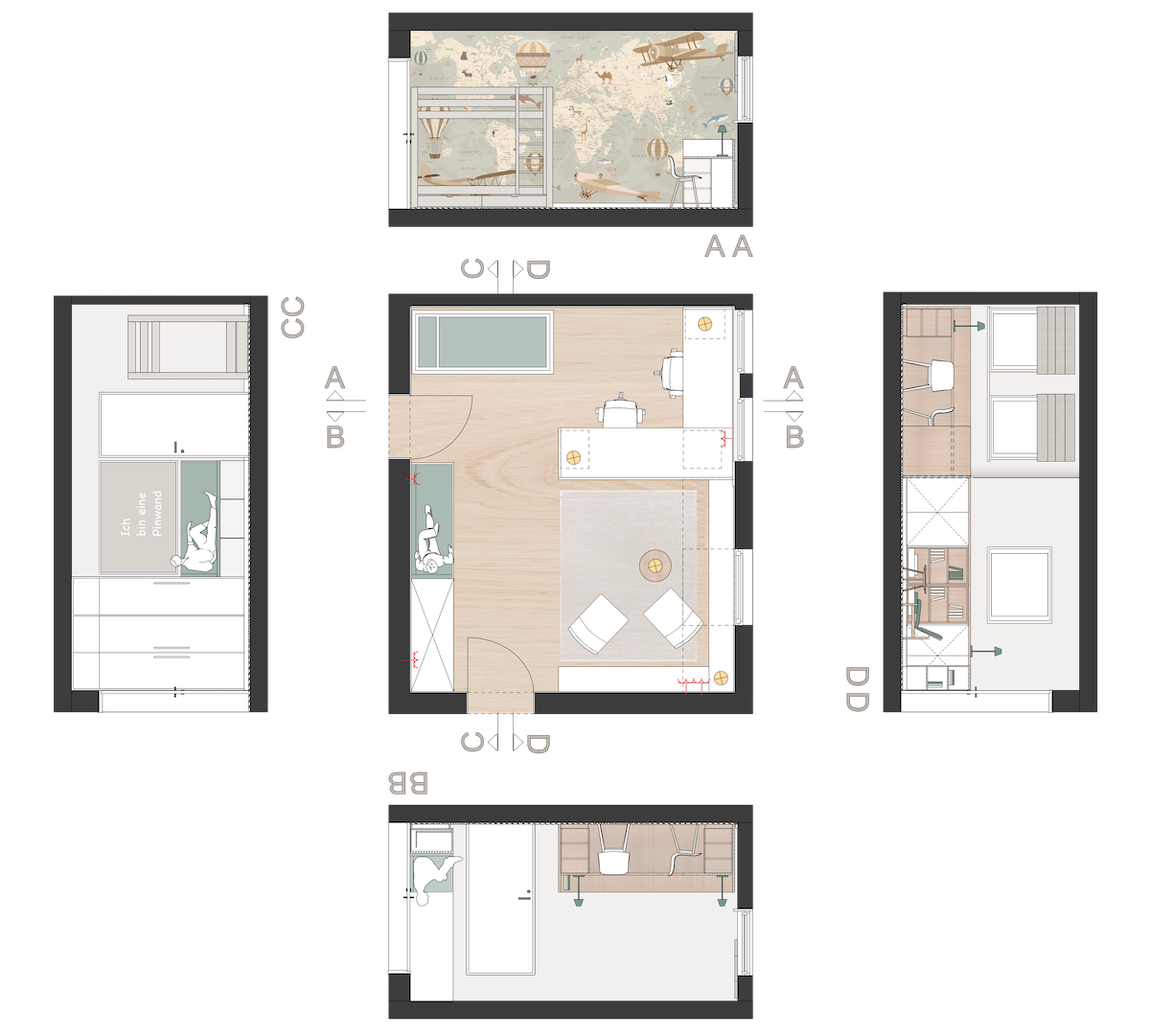 Planzeichnungen Jugendzimmer vom Grundriss bis zu den vier Raumansichten