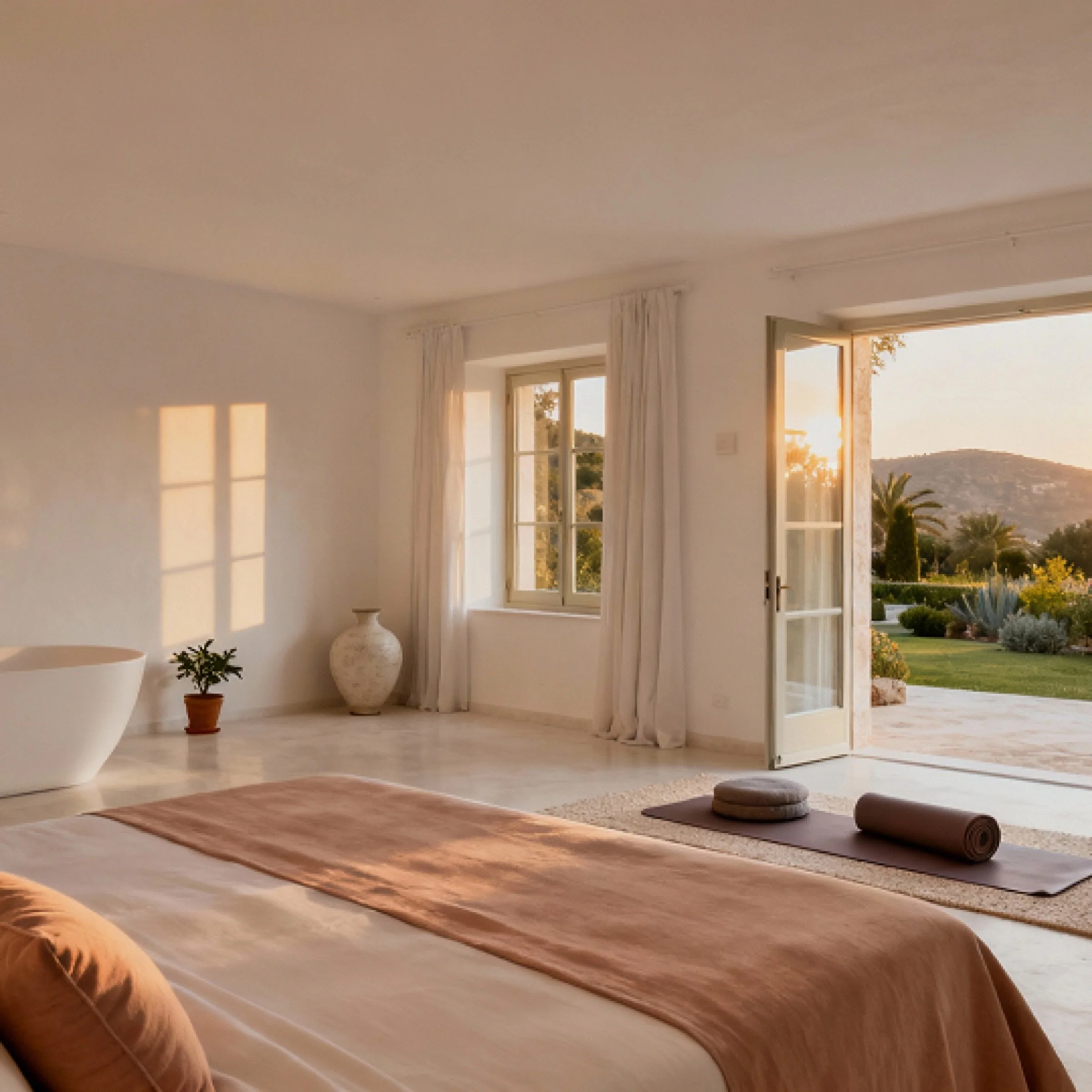 Schlafzimmer mit Yogamatte in der Morgensonne