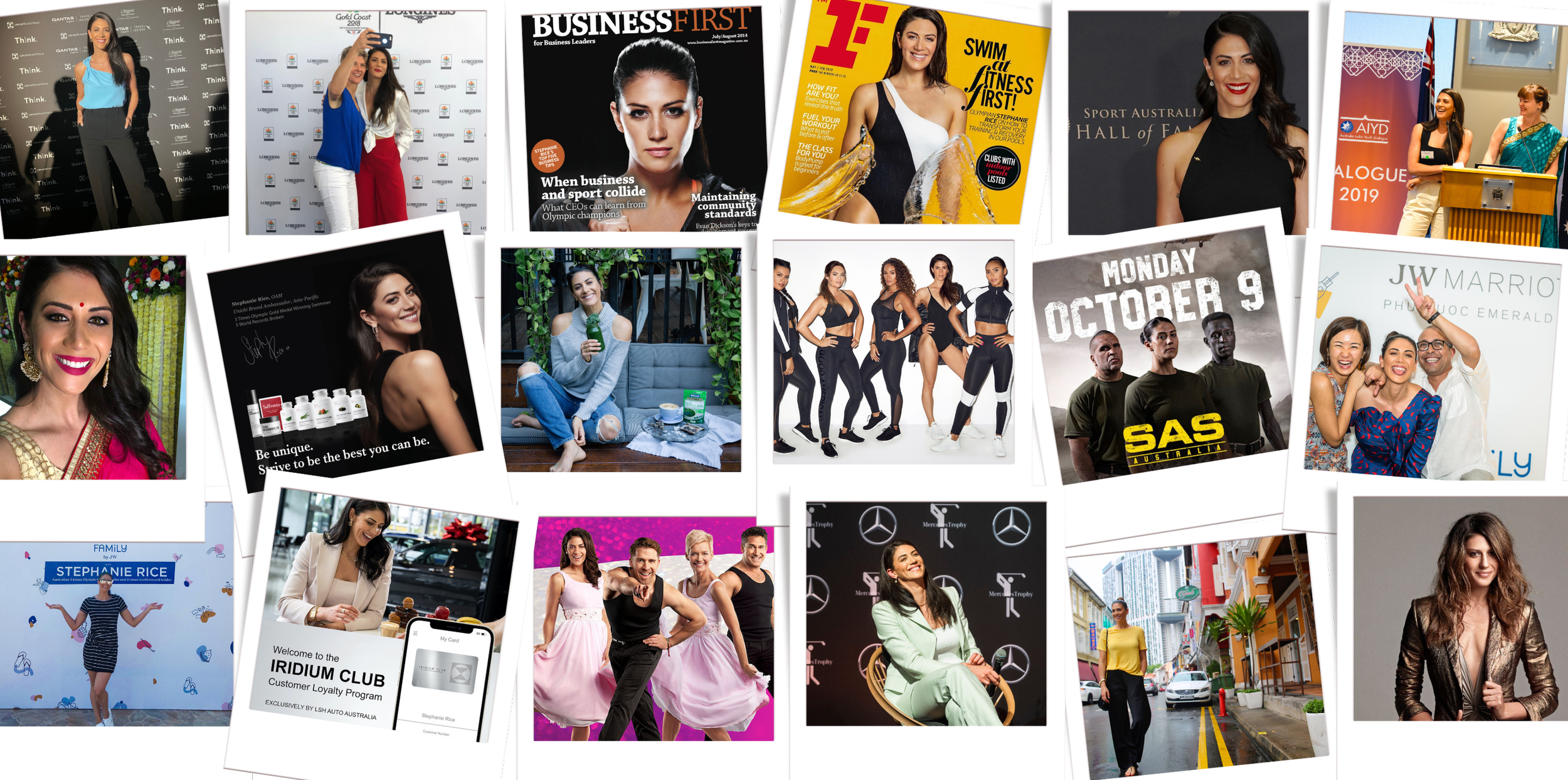 Stephanie Lassey (Rice) media and press collage — magazine features, promotional shoots, and public appearances as Olympic Champion and keynote speaker