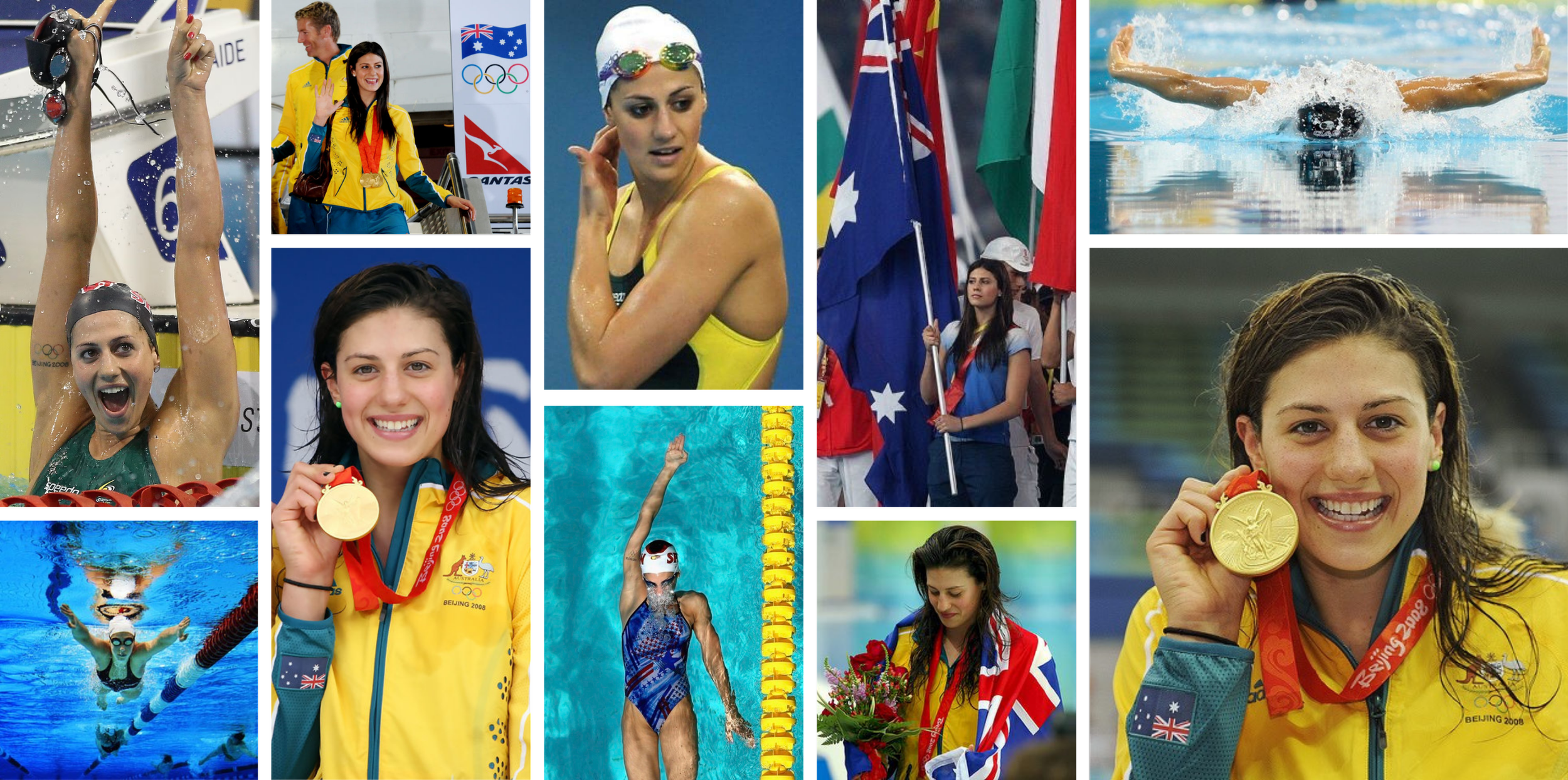 Stephanie Rice (Lassey) Beijing 2008 Olympic collage — 3-time Gold Medallist celebrating victories, holding Australian flag, and competing at the Olympic Games