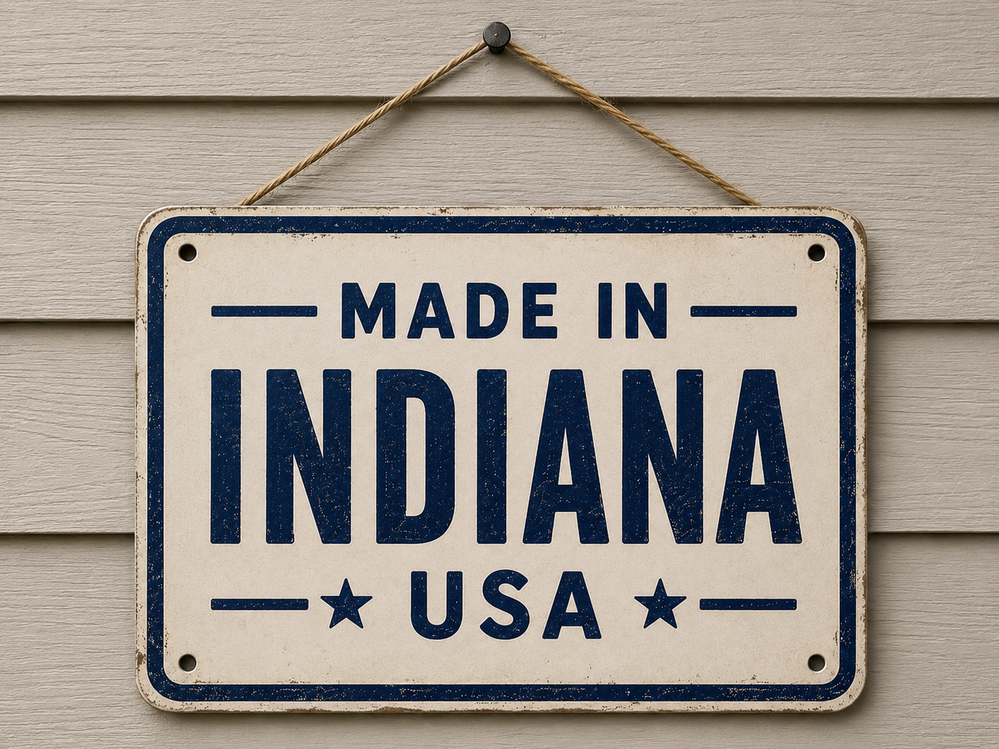 A sign hanging on an exterior wall that says 'Made in Indiana, USA' with a distressed appearance and a beige background.