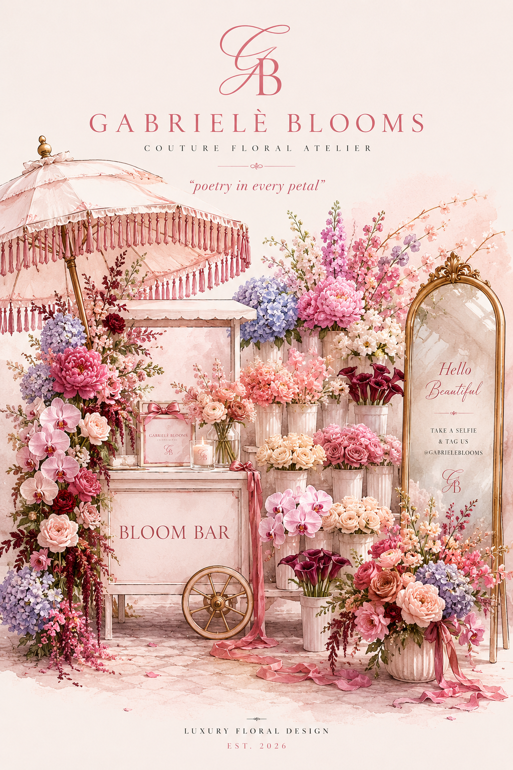 A floral display with a pink parasol, various pink, purple, and white flowers, a white cart labeled 'Bloom Bar,' decorative mirror, and a sign inviting visitors to take selfies and tag @Gabrieleblooks.