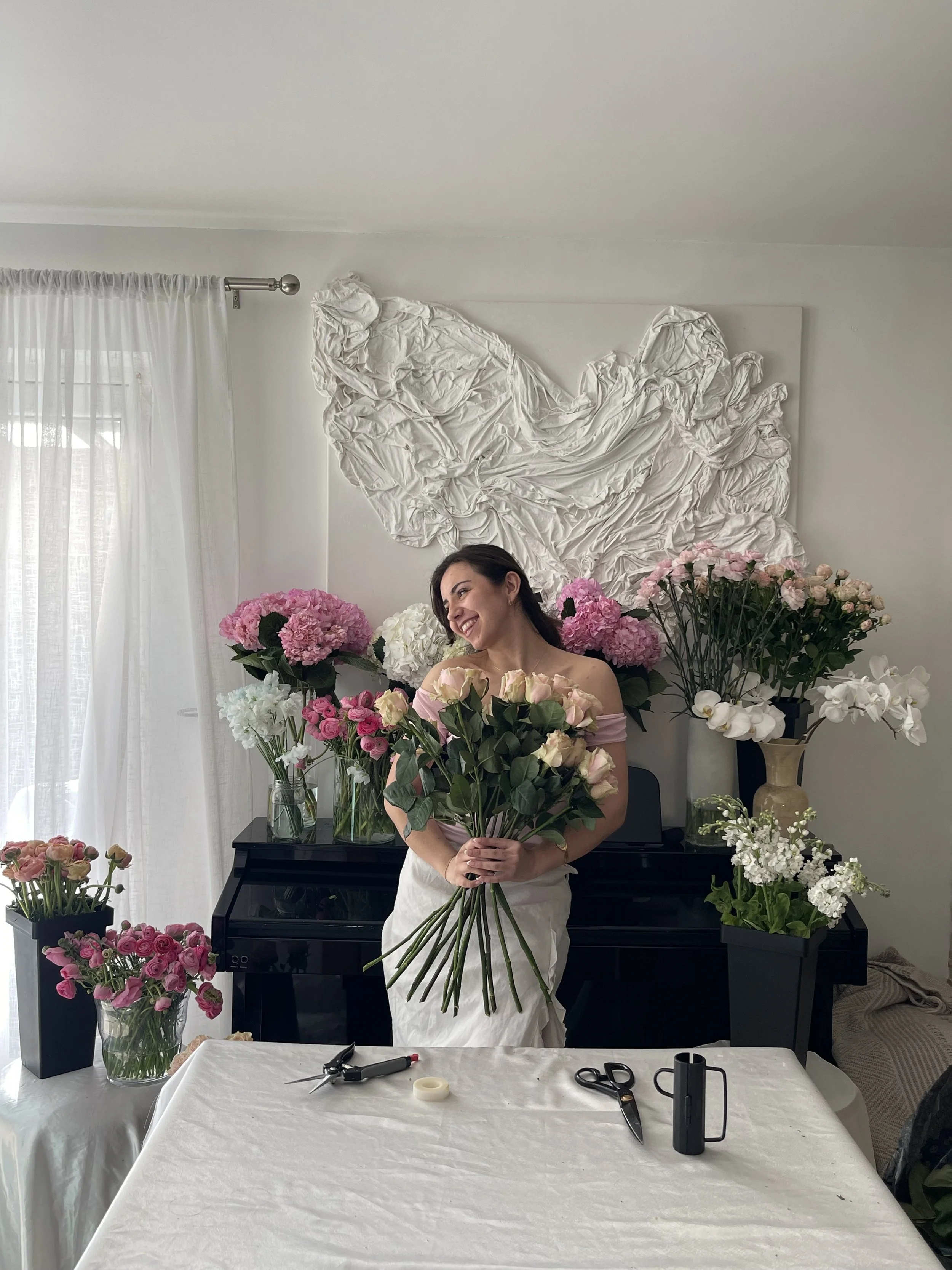 Gabriele Blooms the face of the brand, prepping her arrangements ready to create bouquets for mothers day, flowers including roses, hydrangeas, sweetpeas, ranunculs, carnations, stocks & orchids
