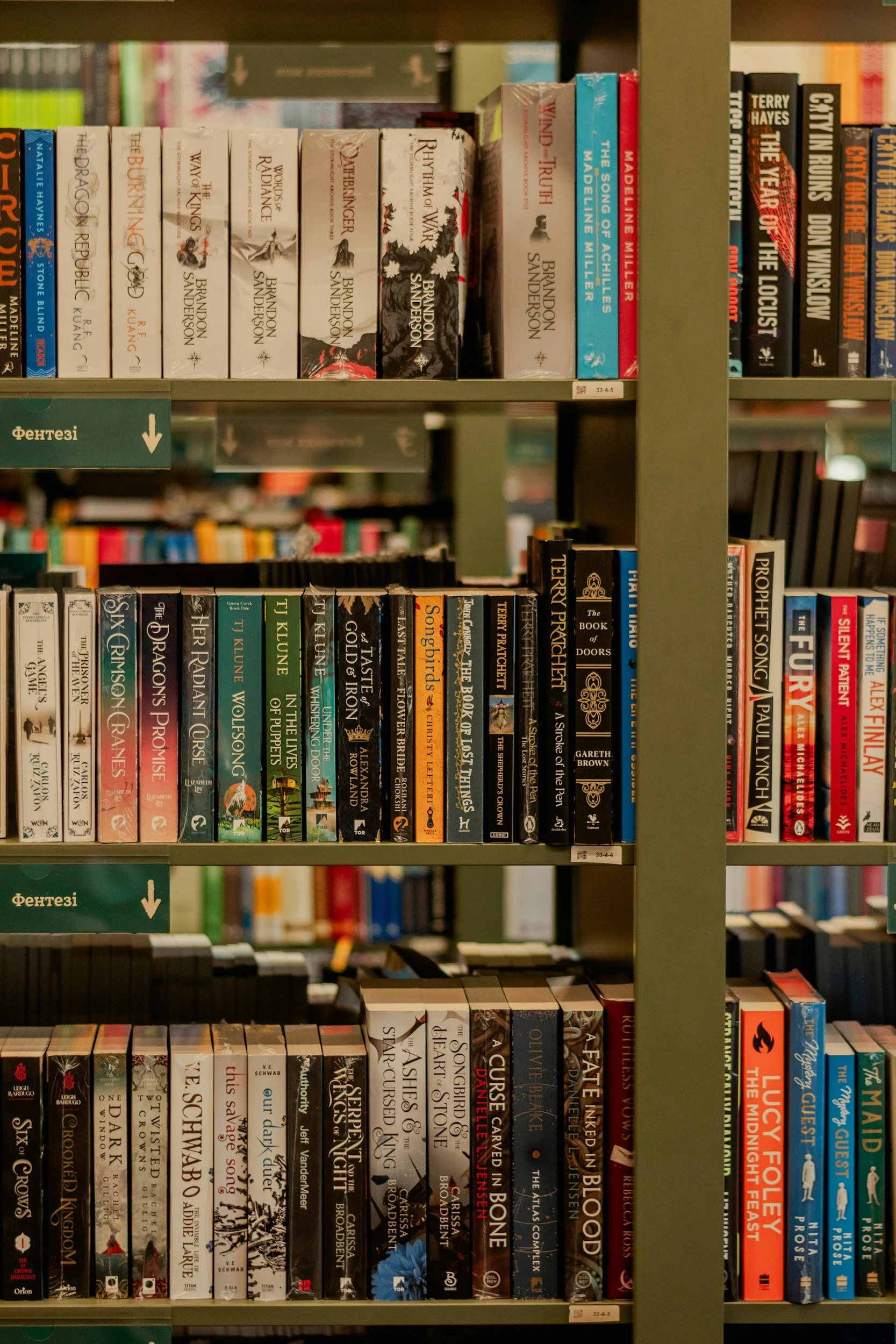 Bookshelves filled with various books in a library, with some books titled by authors like Brandon Sanderson and others.