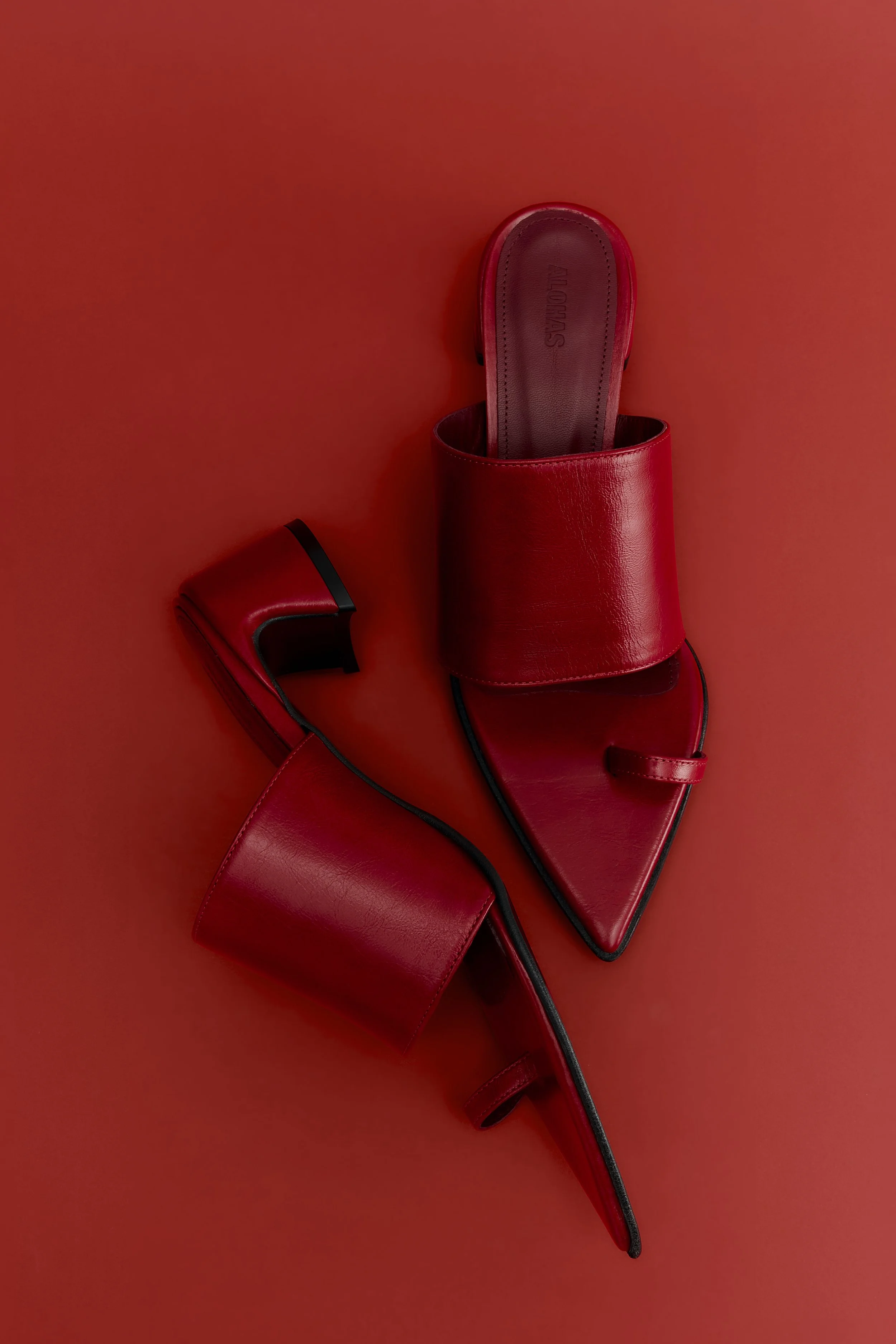 A pair of red high heel shoes with black heels and straps, one shoe is upright in a red leather shoe holder while the other lies on its side on a matching red background.