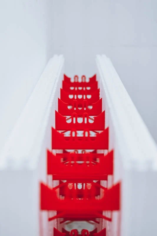 Close-up of ICF block with robust tie flange and tie spacing