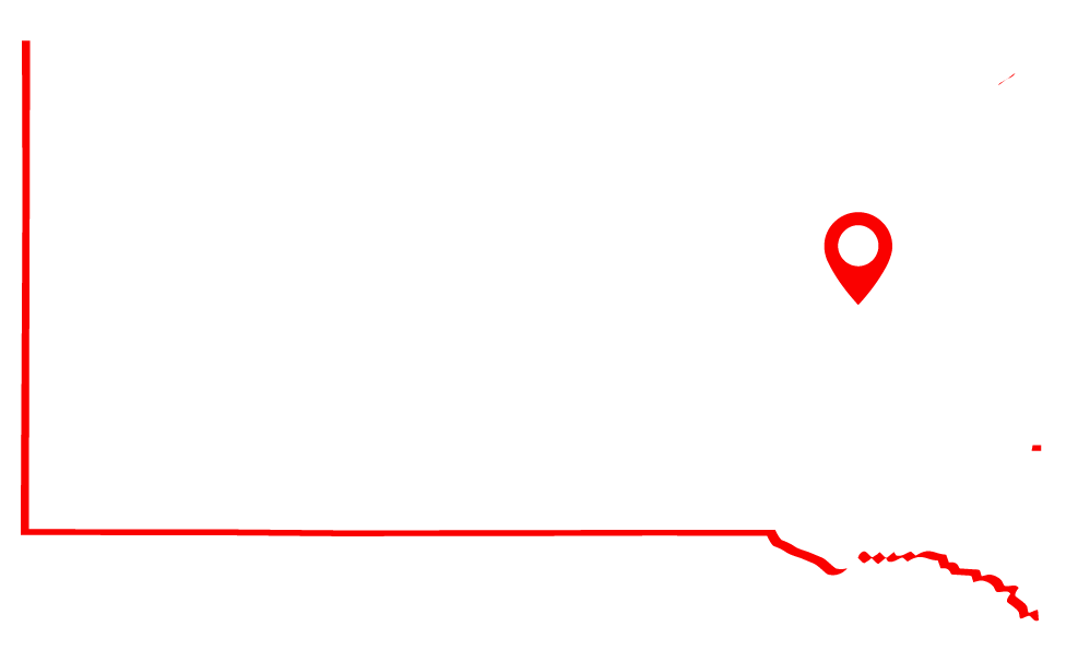 Blank map outline of the state of South Dakota with a red location marker on the eastern part of the state.