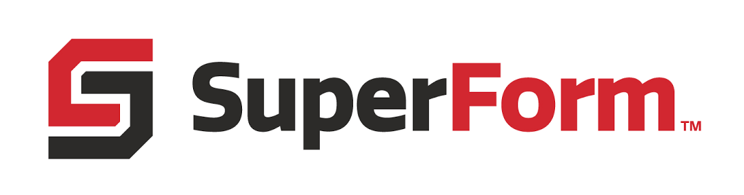 SuperForm logo with a stylized S symbol and bold text in black and red