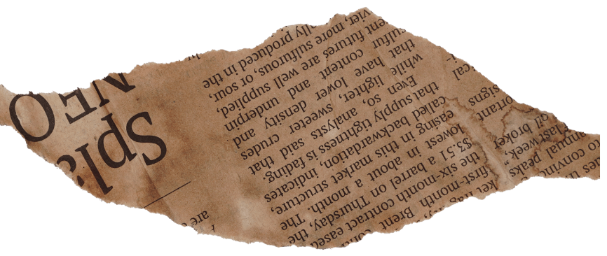 Torn piece of newspaper with printed text in English.