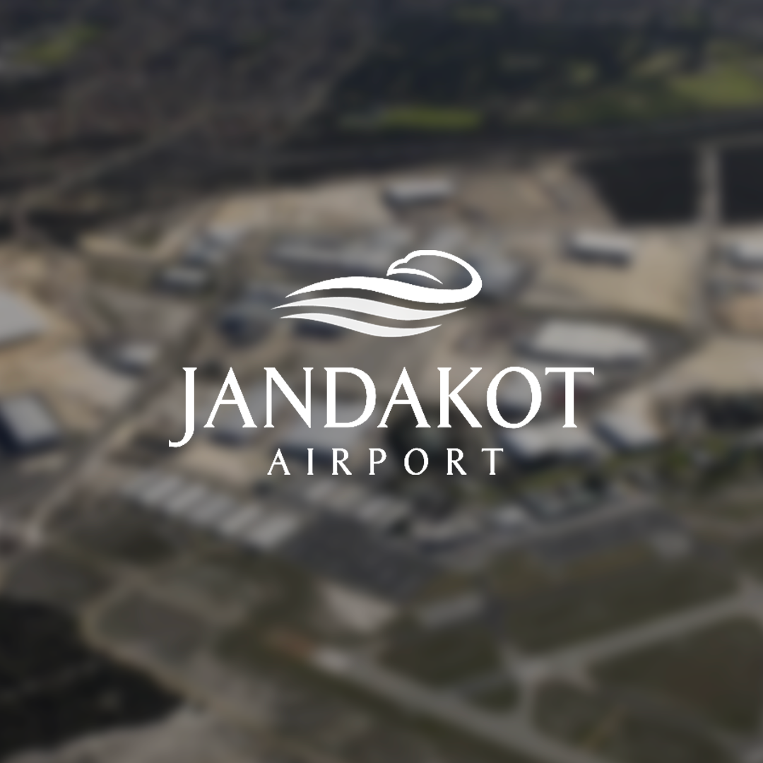 Aerial view of Jandakot Airport with the airport logo overlaying the image.