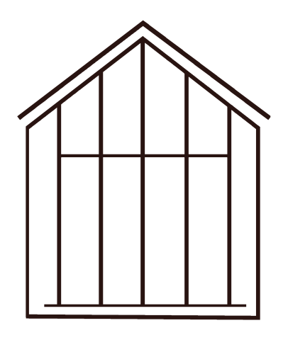 Outline of a gable-roofed greenhouse with vertical and horizontal framing.
